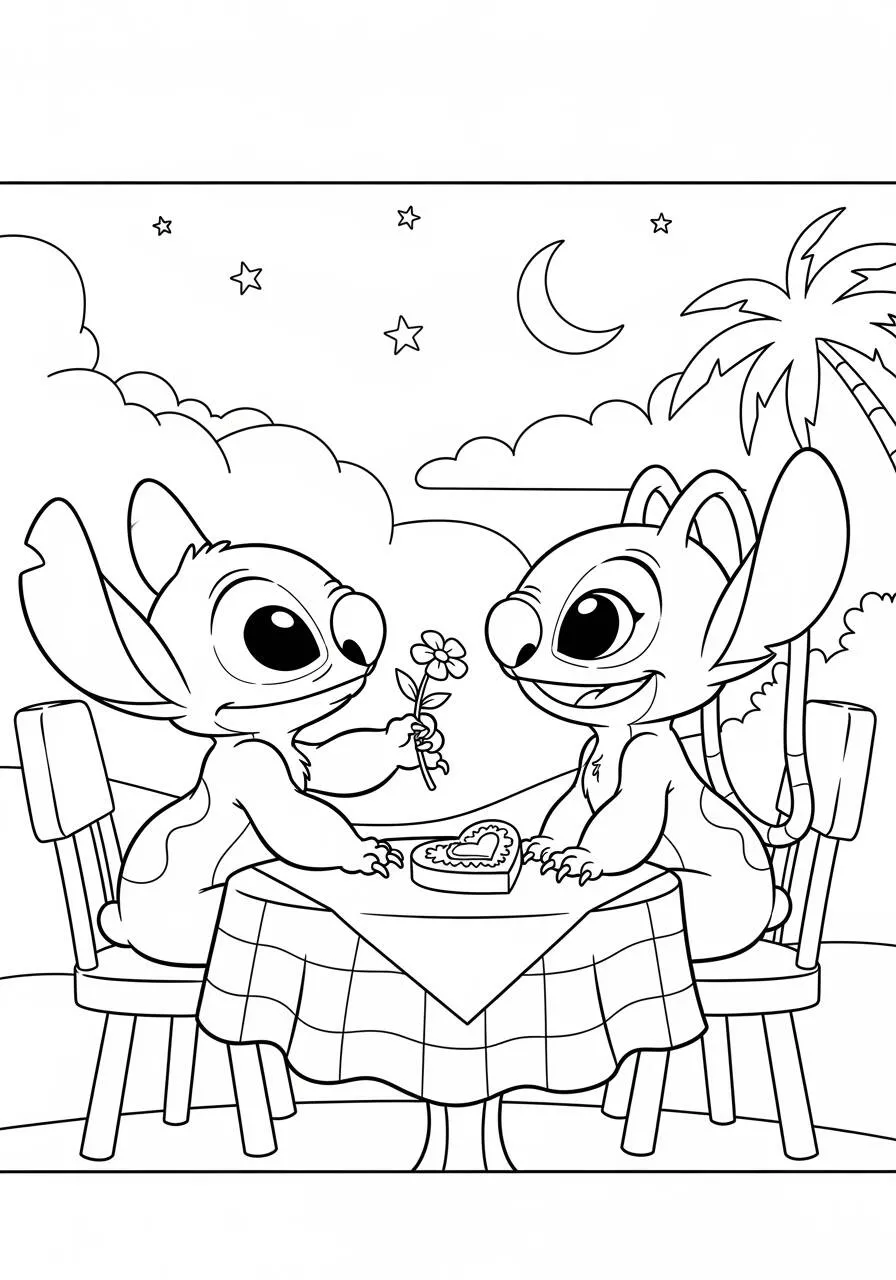 Dibujo para colorear de Puntada y Lilo cenando bajo las estrellas