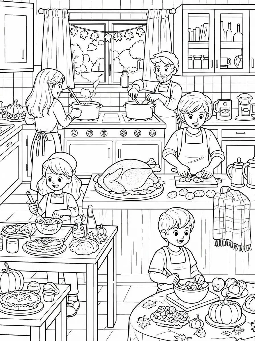 Dibujo para colorear de Acción de Gracias con la familia cocinando en la cocina