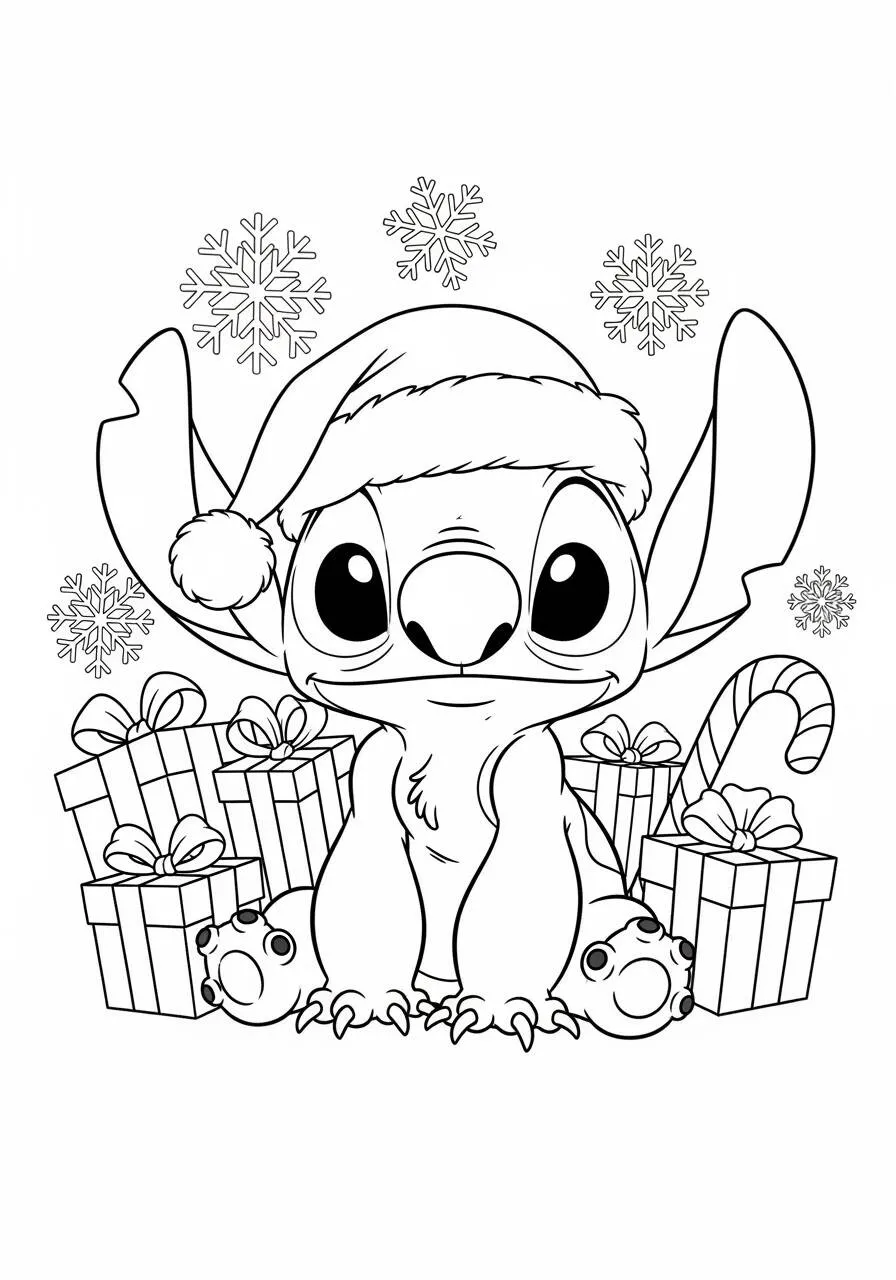 Desenho de Stitch com Chapéu de Natal e Presentes para Colorir