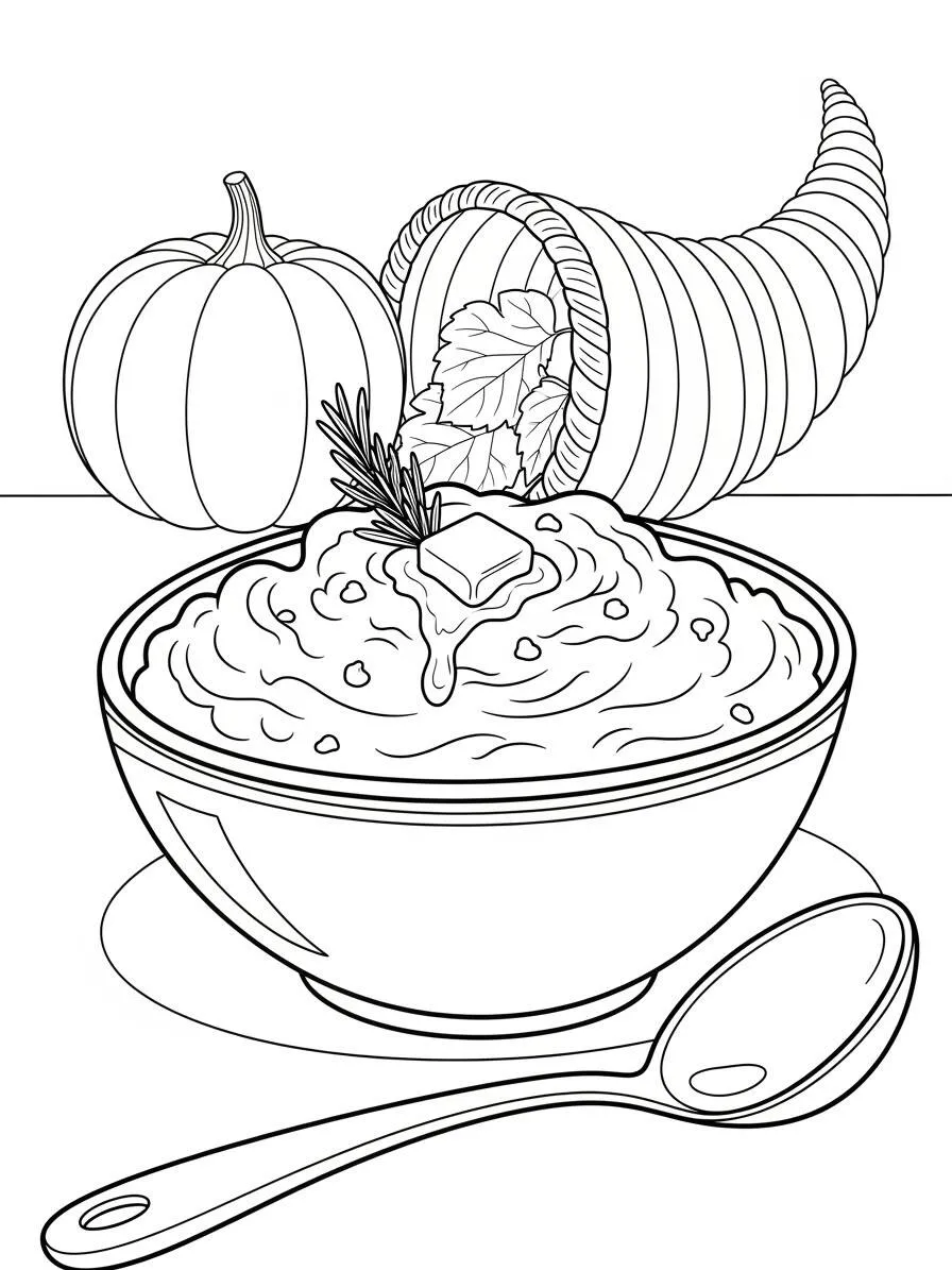 Dibujo para colorear de Acción de Gracias con maíz y calabaza