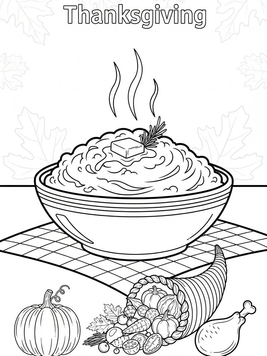 Dibujo para colorear de Acción de Gracias con puré de patatas