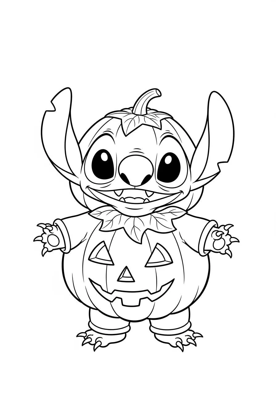 Desenho de Stitch Fantasiado de Abóbora para Colorir