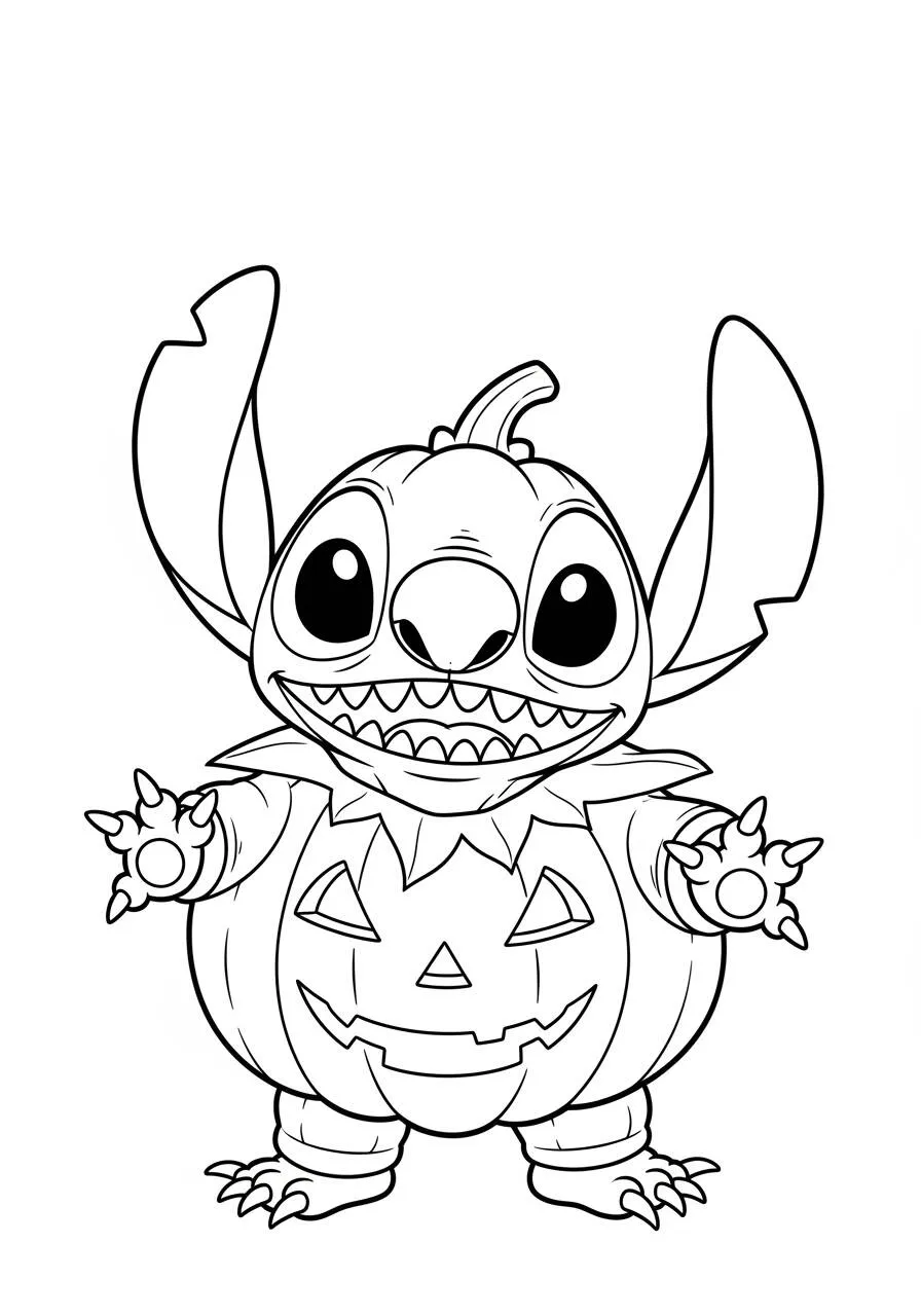 Desenho de Stitch Fantasiado de Abóbora para Colorir