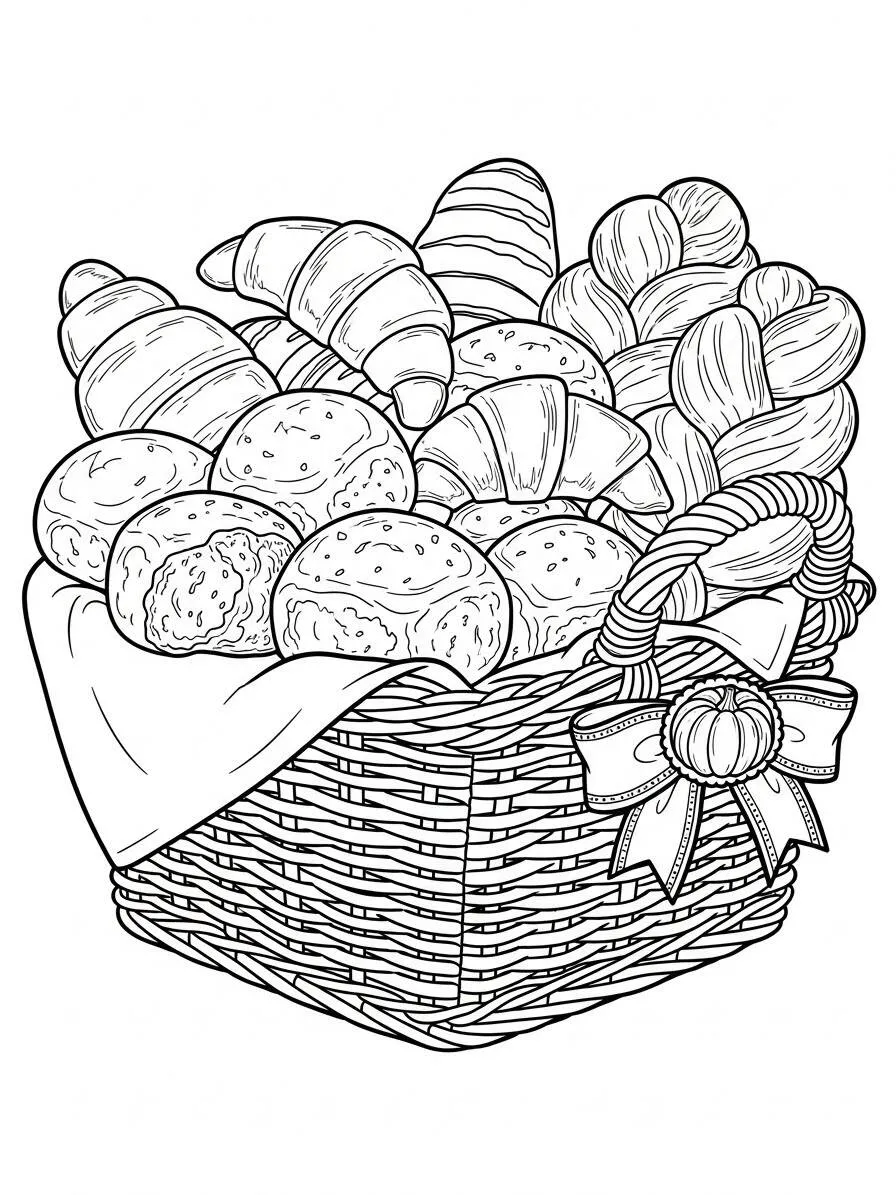 Dibujo para colorear de Acción de Gracias con cesta de pan