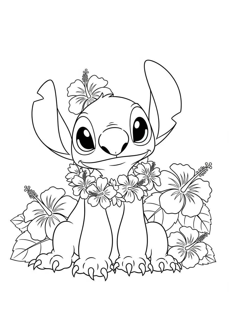 Desenho de Stitch com Flores para Colorir