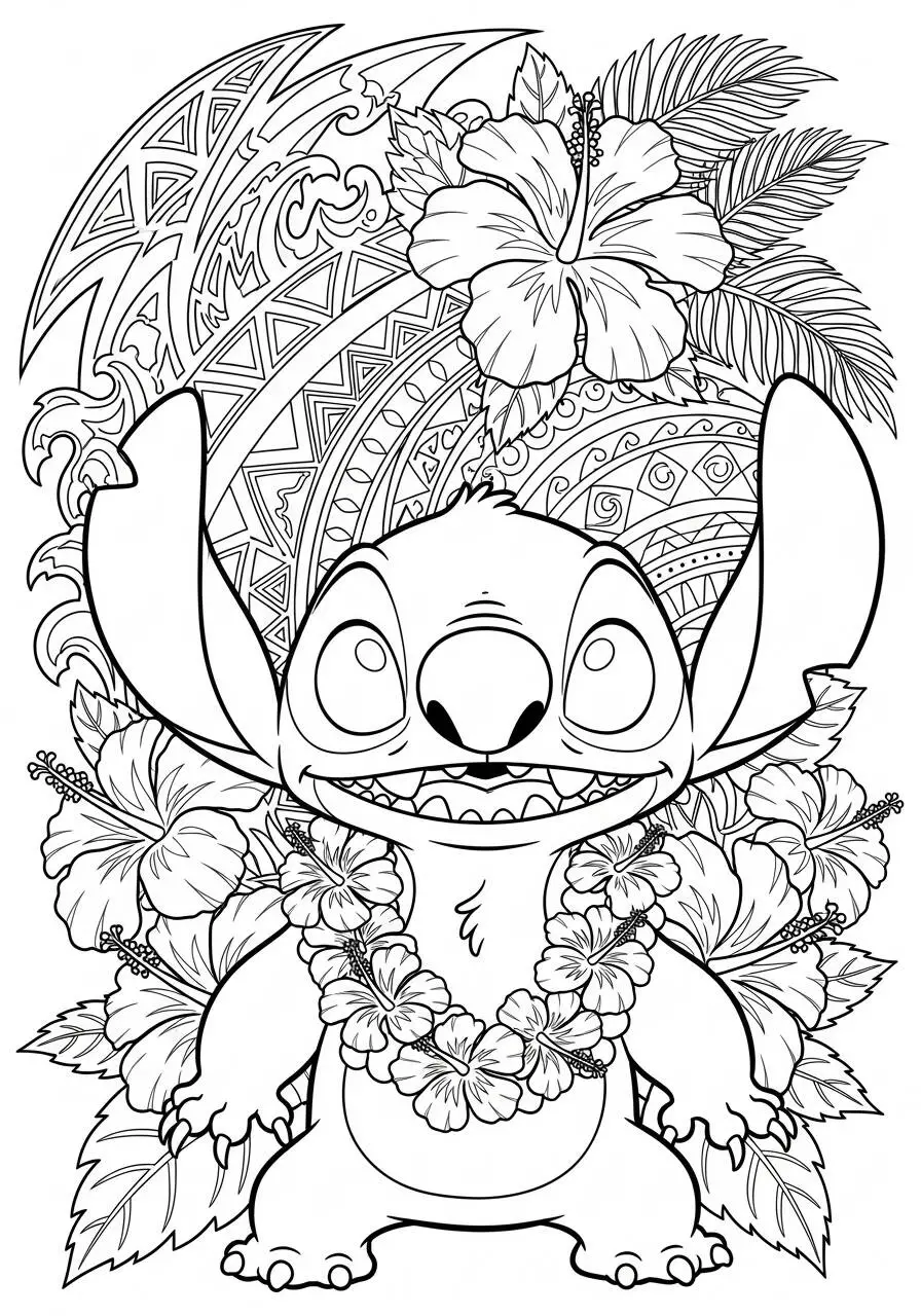 Desenho de Stitch com Colar de Flores para Colorir