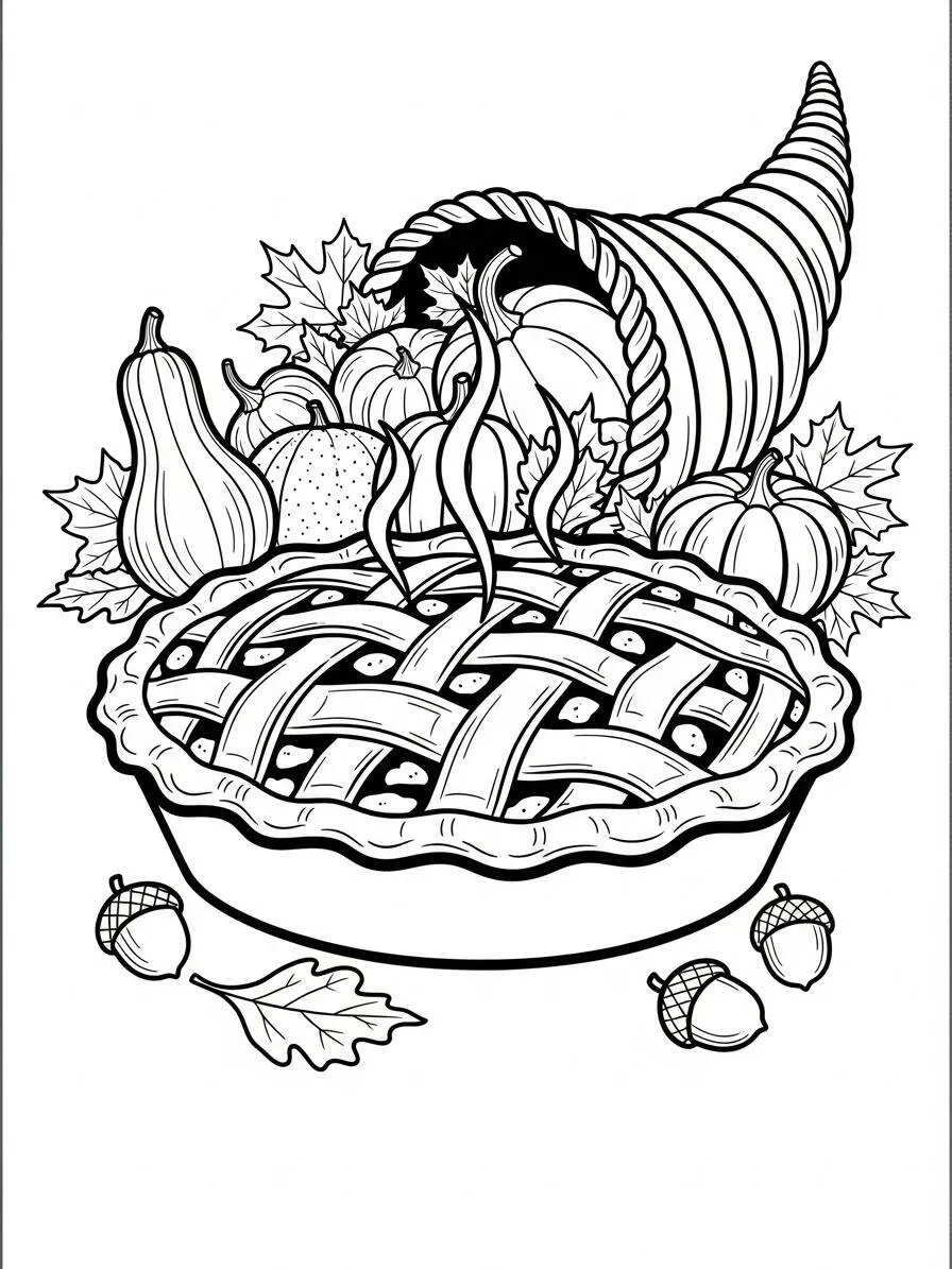 Dibujo para colorear de Acción de Gracias con pastel y cornucopia