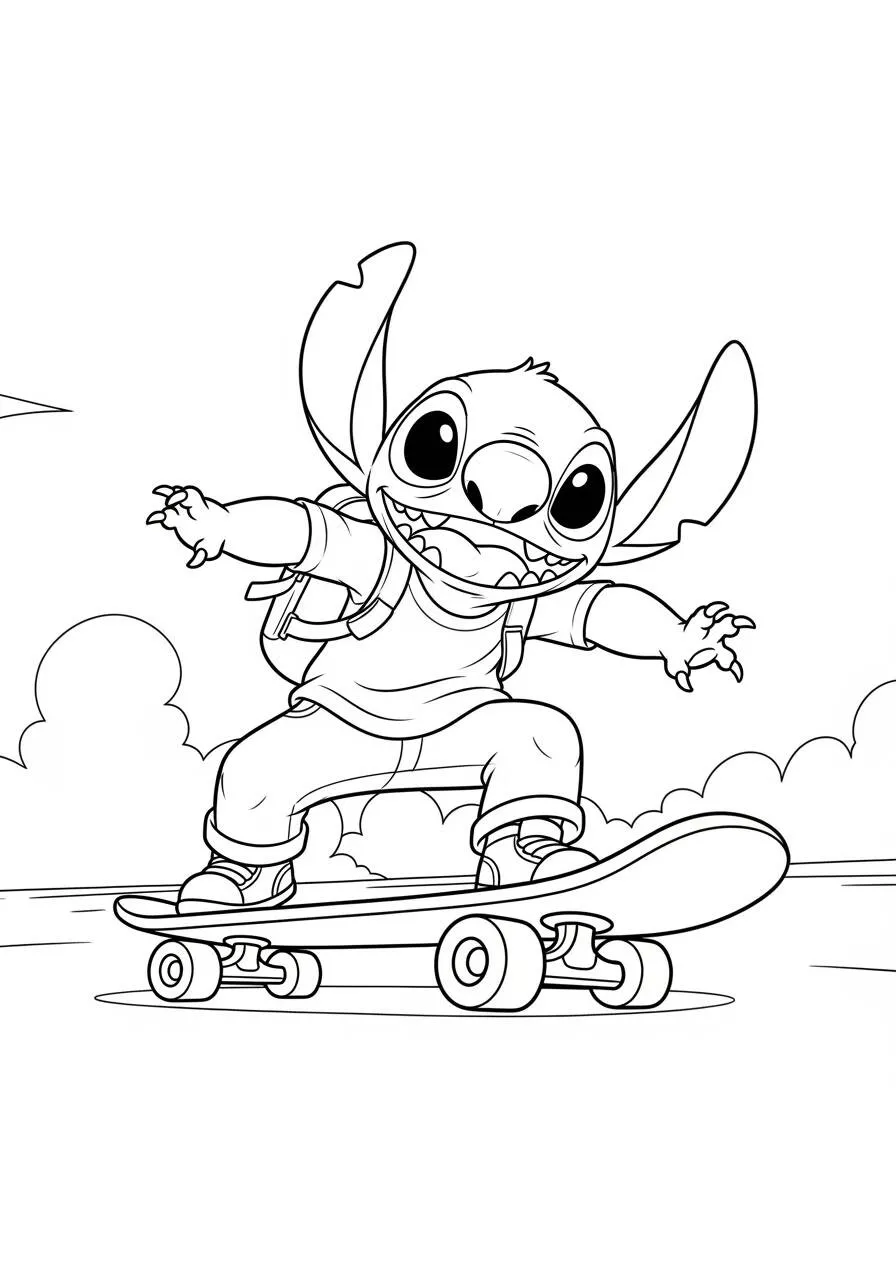 Desenho de Stitch Andando de Skate para Colorir