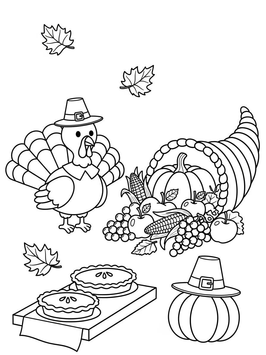 Dibujo para colorear de Acción de Gracias con pavo y cornucopia