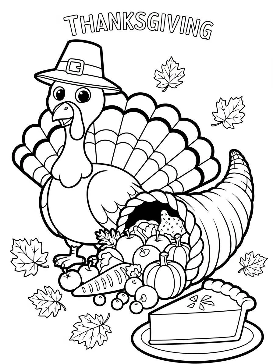 Dibujo para colorear de Acción de Gracias con pavo y cornucopia