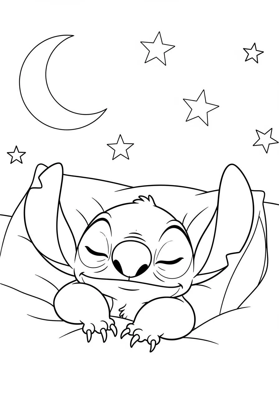 Desenho de Stitch Dormindo Sob as Estrelas para Colorir