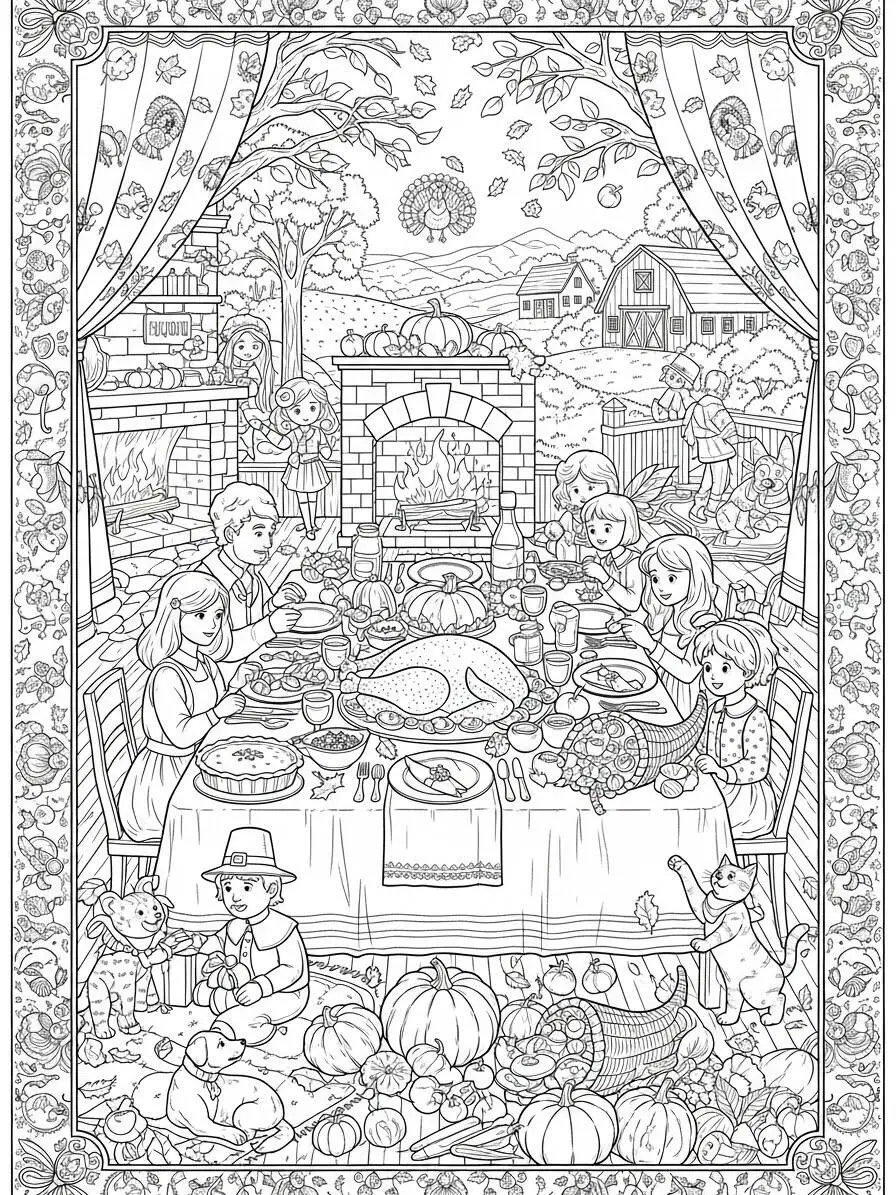 Dibujo para colorear de Acción de Gracias con cena familiar
