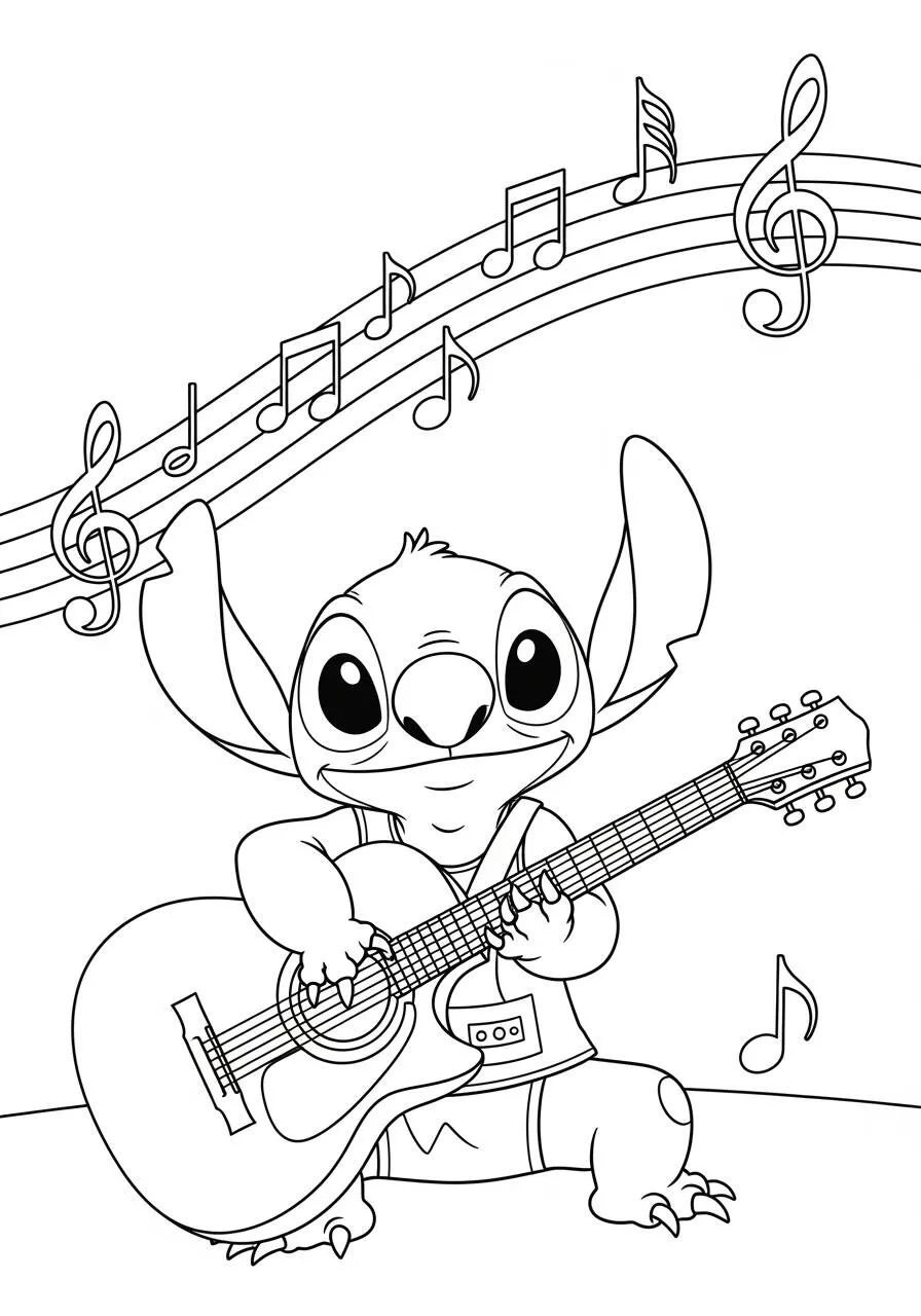 Desenho de Stitch Tocando Violão para Colorir