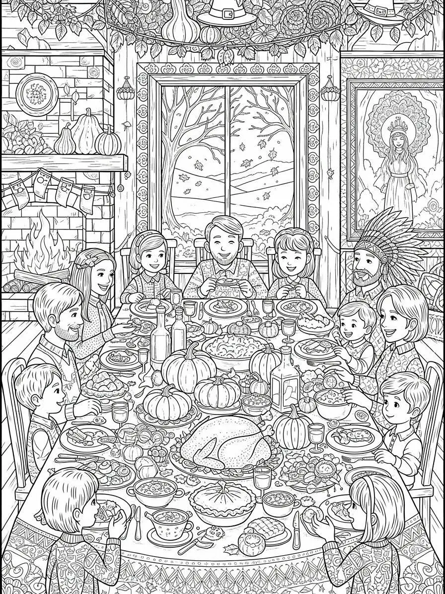 Dibujo para colorear de Acción de Gracias con la familia reunida en la mesa
