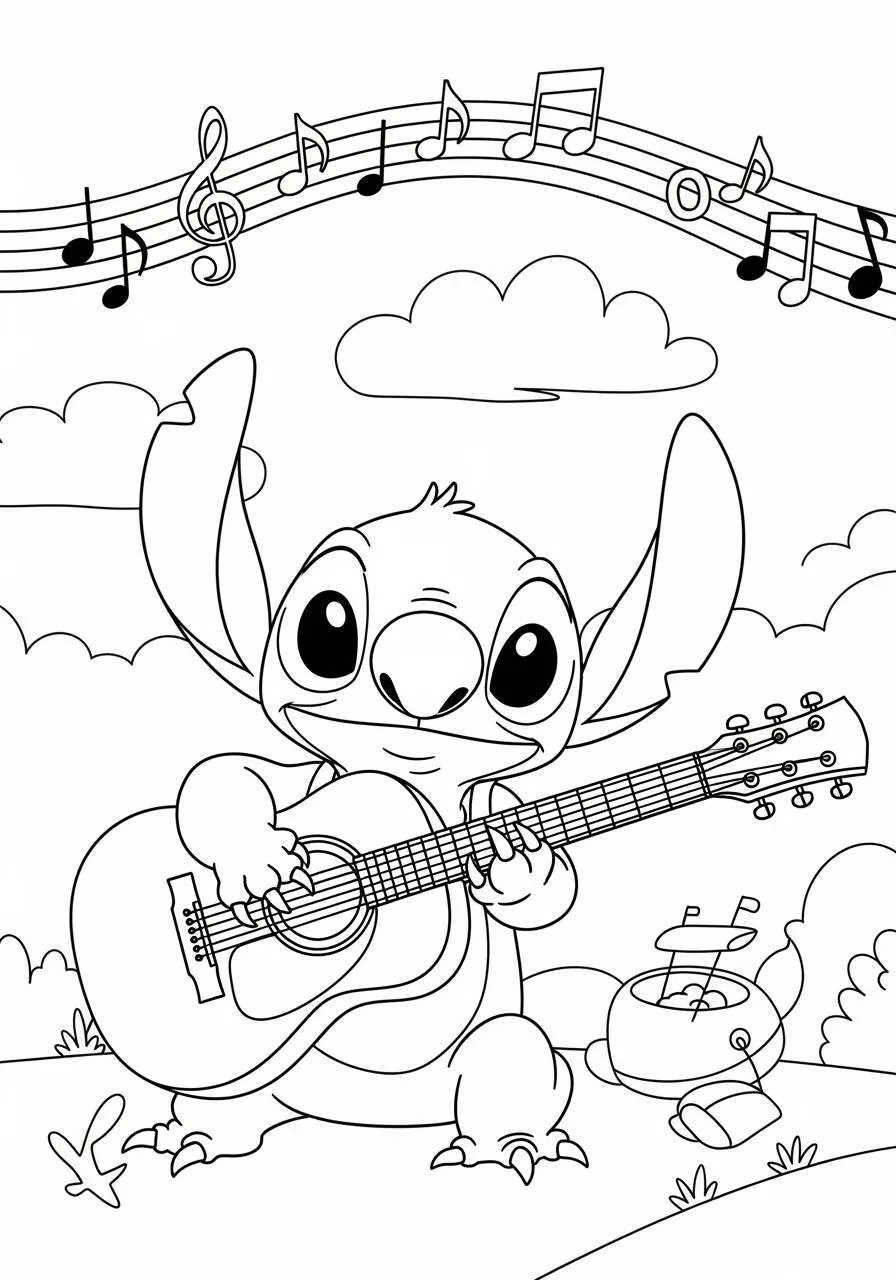Desenho de Stitch Tocando Violão para Colorir