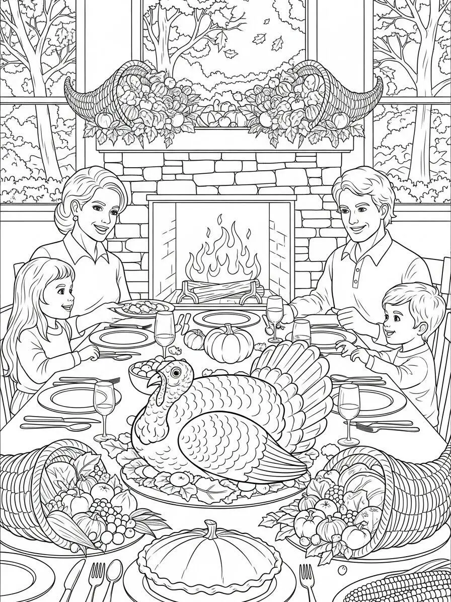 Dibujo para colorear de Acción de Gracias con la familia alrededor de la mesa