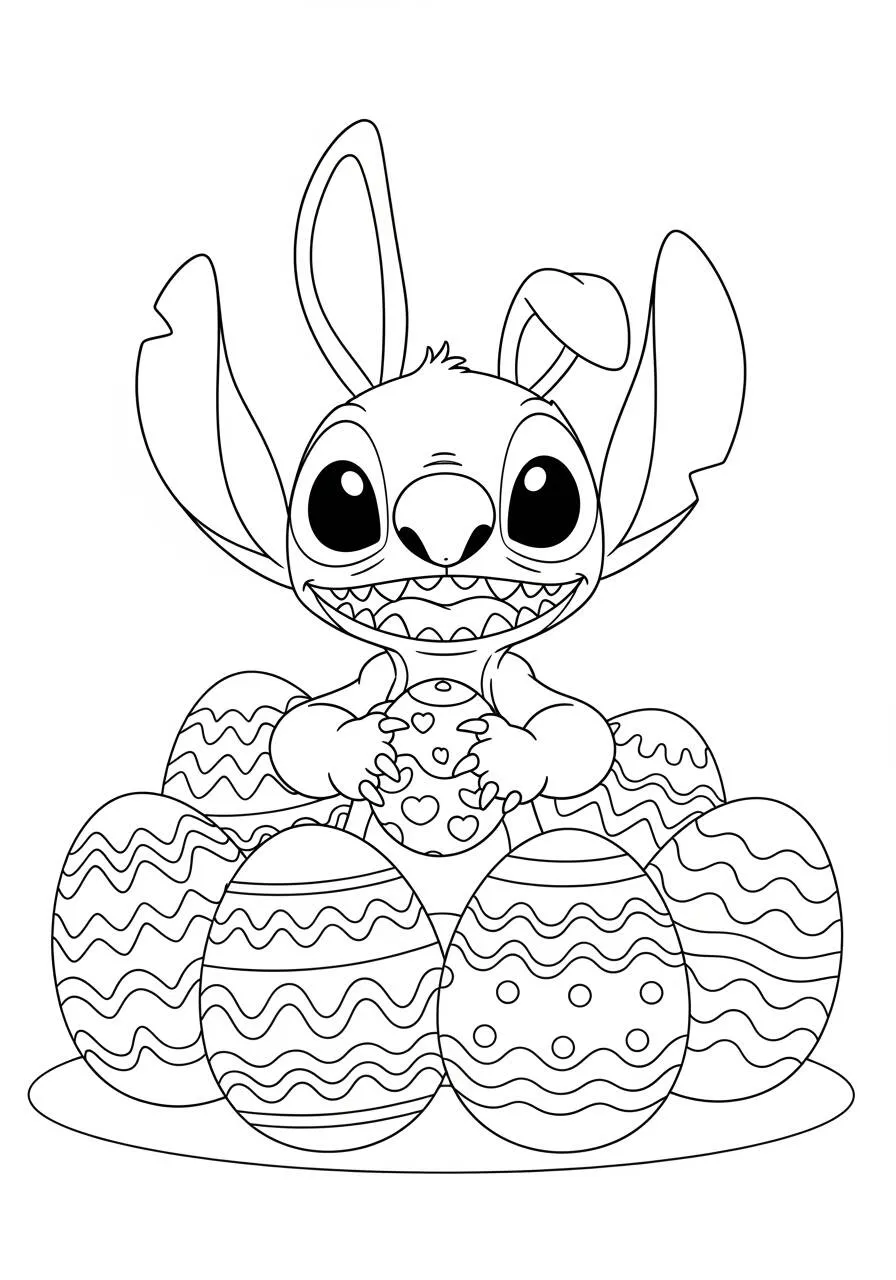 Desenho de Stitch com Ovos de Páscoa para Colorir