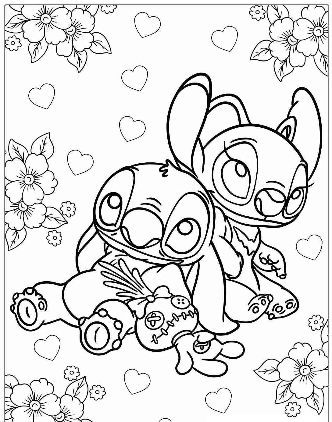 Desenho de Stitch e Lilo com Flores e Corações para Colorir
