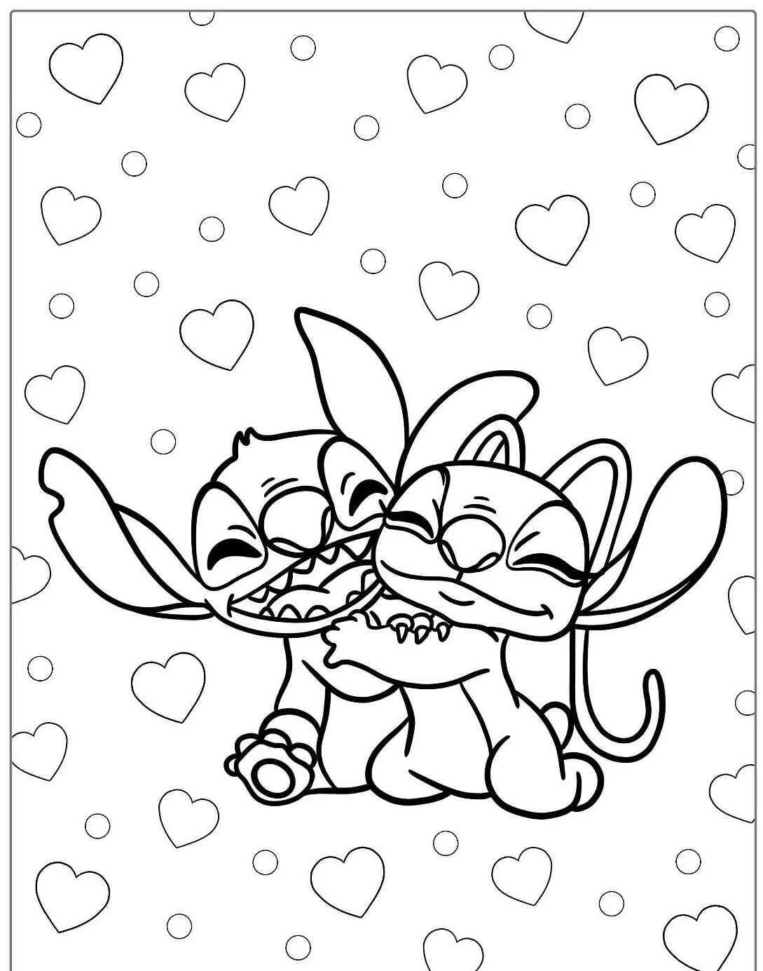 Desenho de Stitch e Angel abraçados com Corações para Colorir