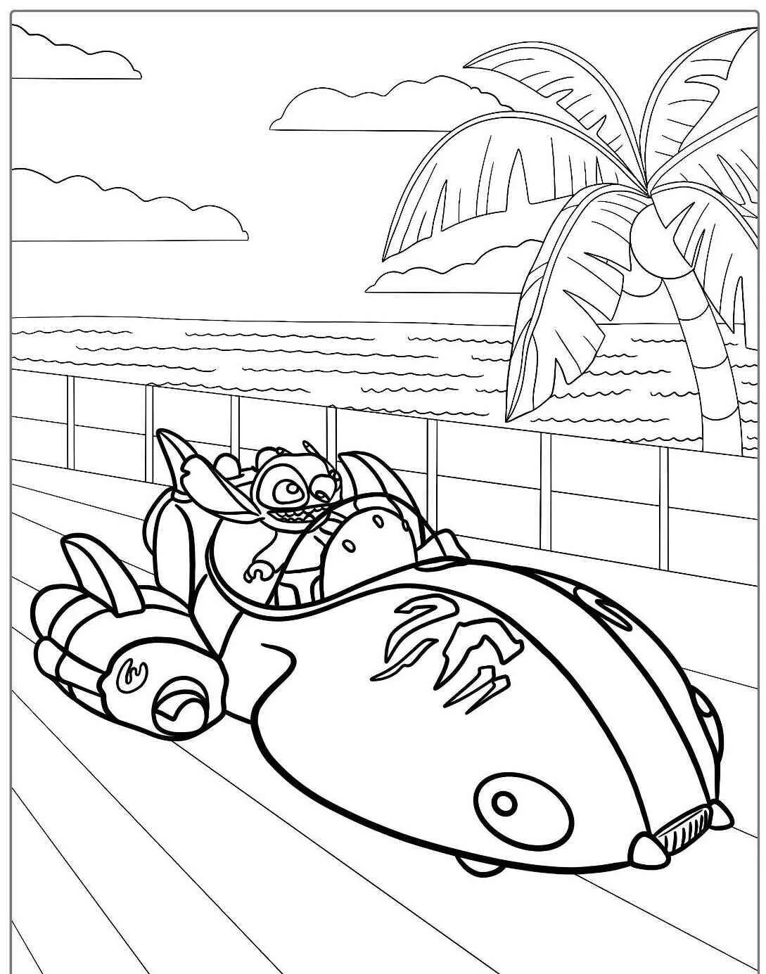Desenho de Stitch Pilotando um Carro Divertido para Colorir