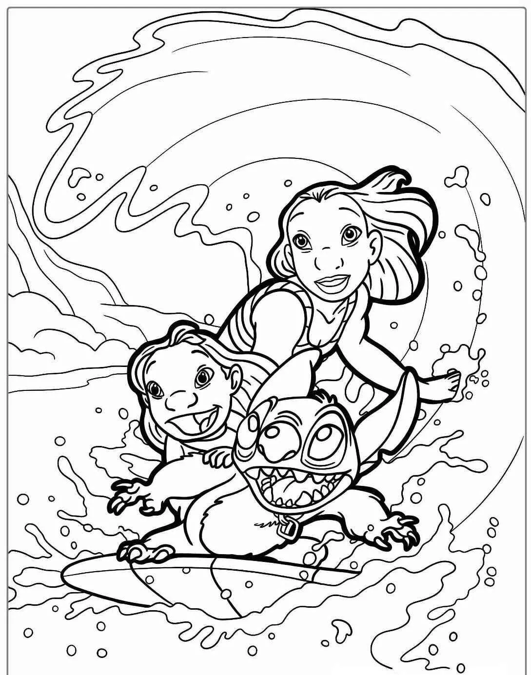 Desenho de Stitch e Lilo Surfando para Colorir