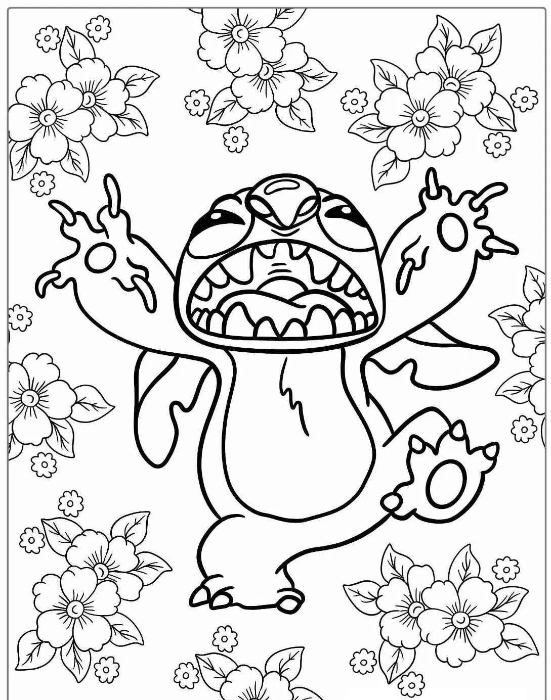 Desenho de Stitch em meio a Flores para Colorir