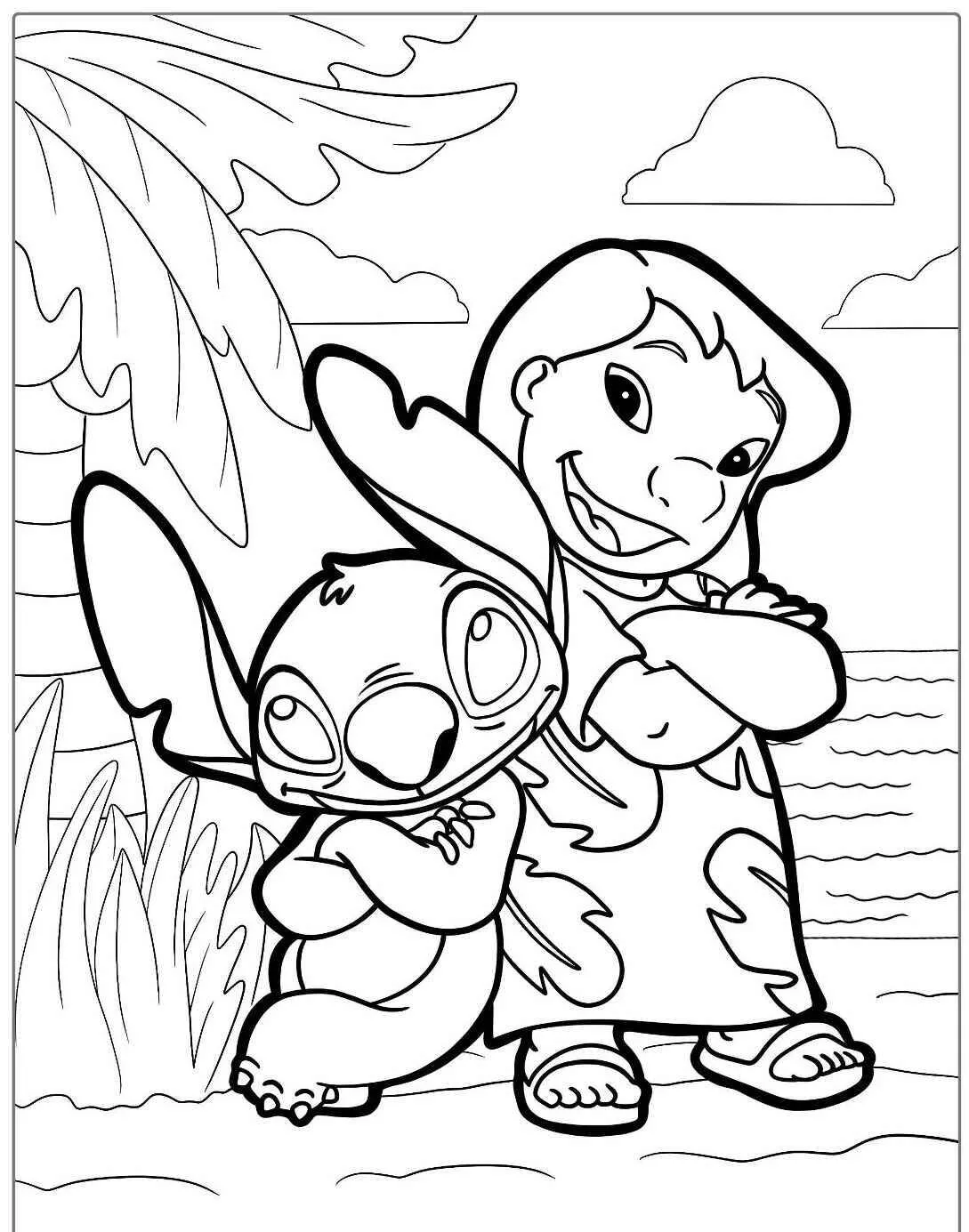 Desenho de Stitch e Lilo na Praia para Colorir