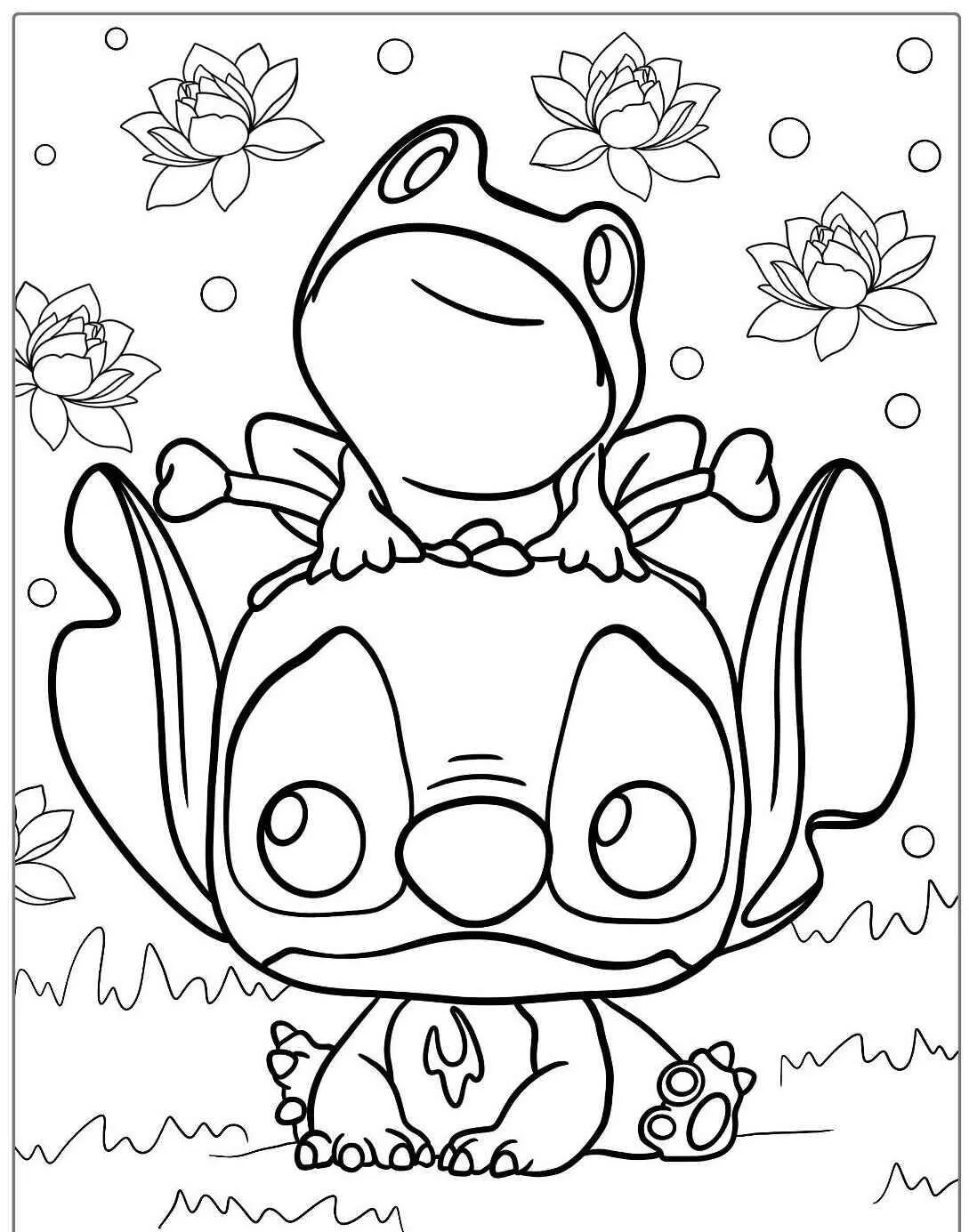 Desenho de Stitch com Sapo para Colorir