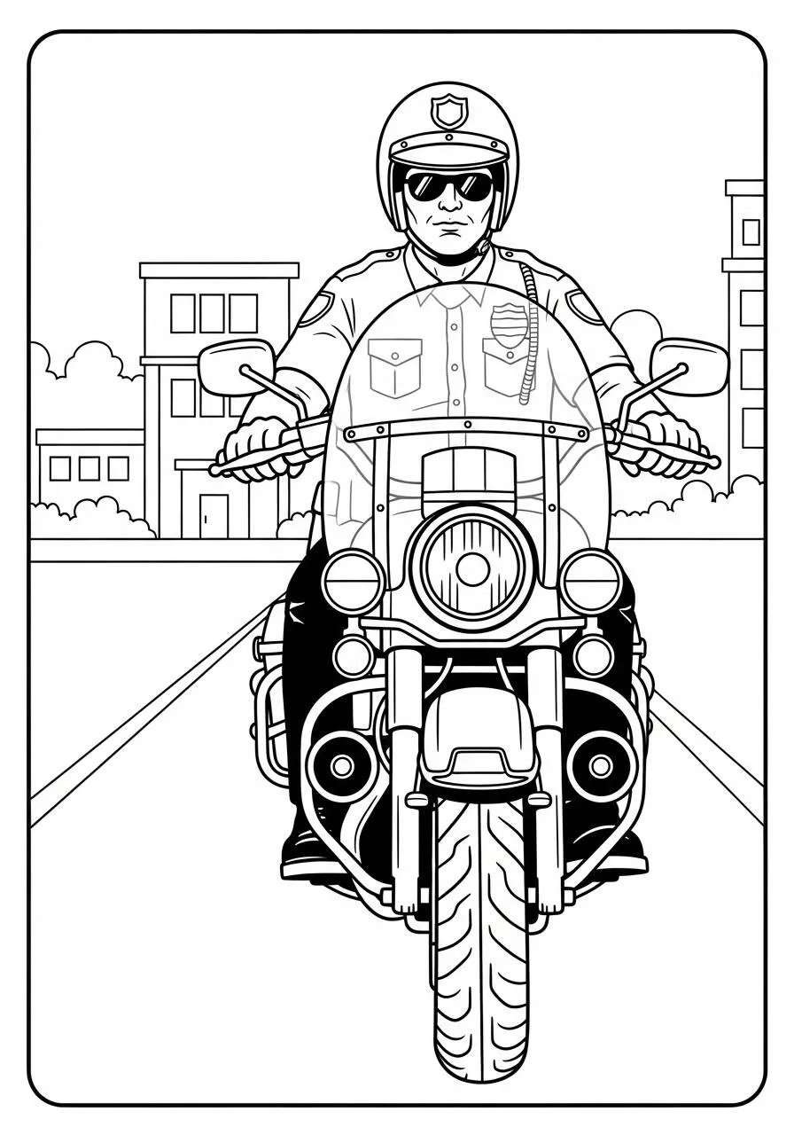 Coloriage de moto de police avec un motocycliste en action