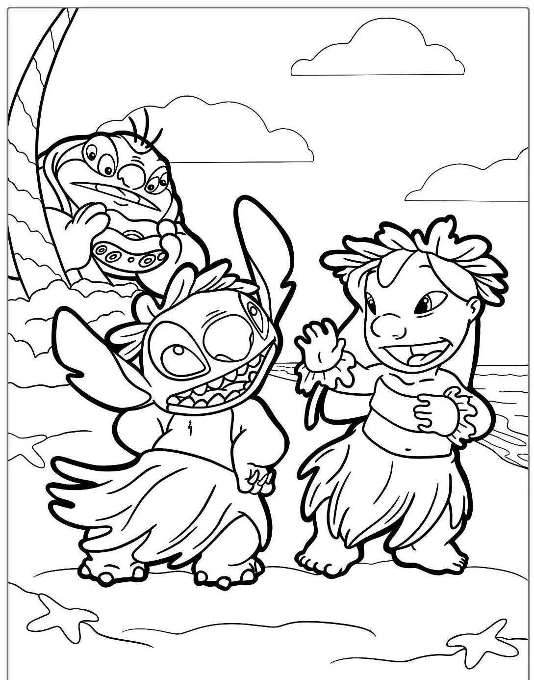 Colorear Puntada y Lilo bailando en la playa