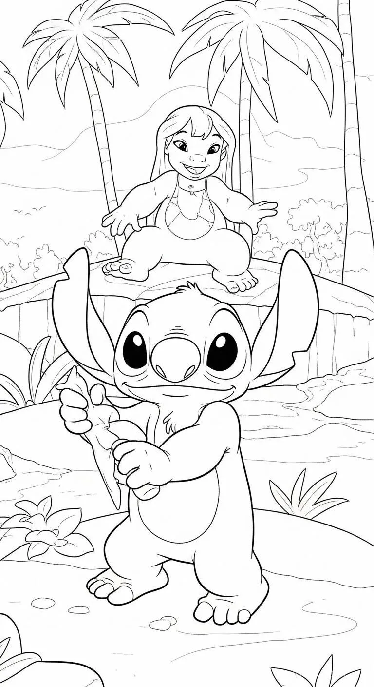 Dibujo para colorear de Puntada y Lilo jugando en la playa