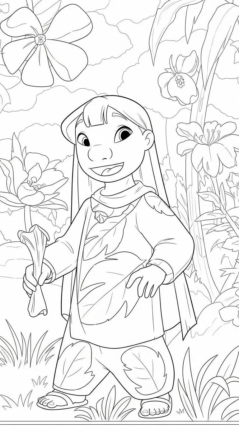 Página para colorear de Lilo en un jardín tropical