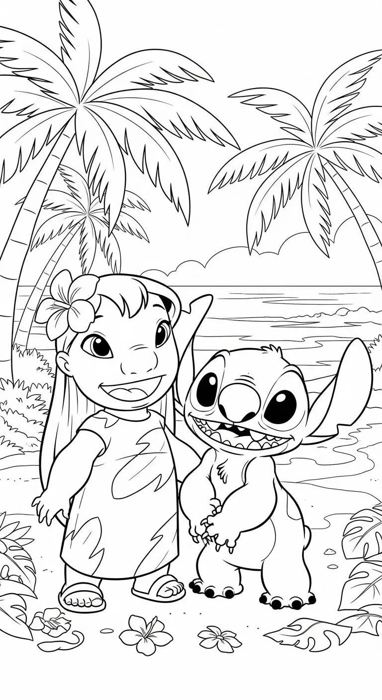Dibujo para colorear de Puntada y Lilo en la playa