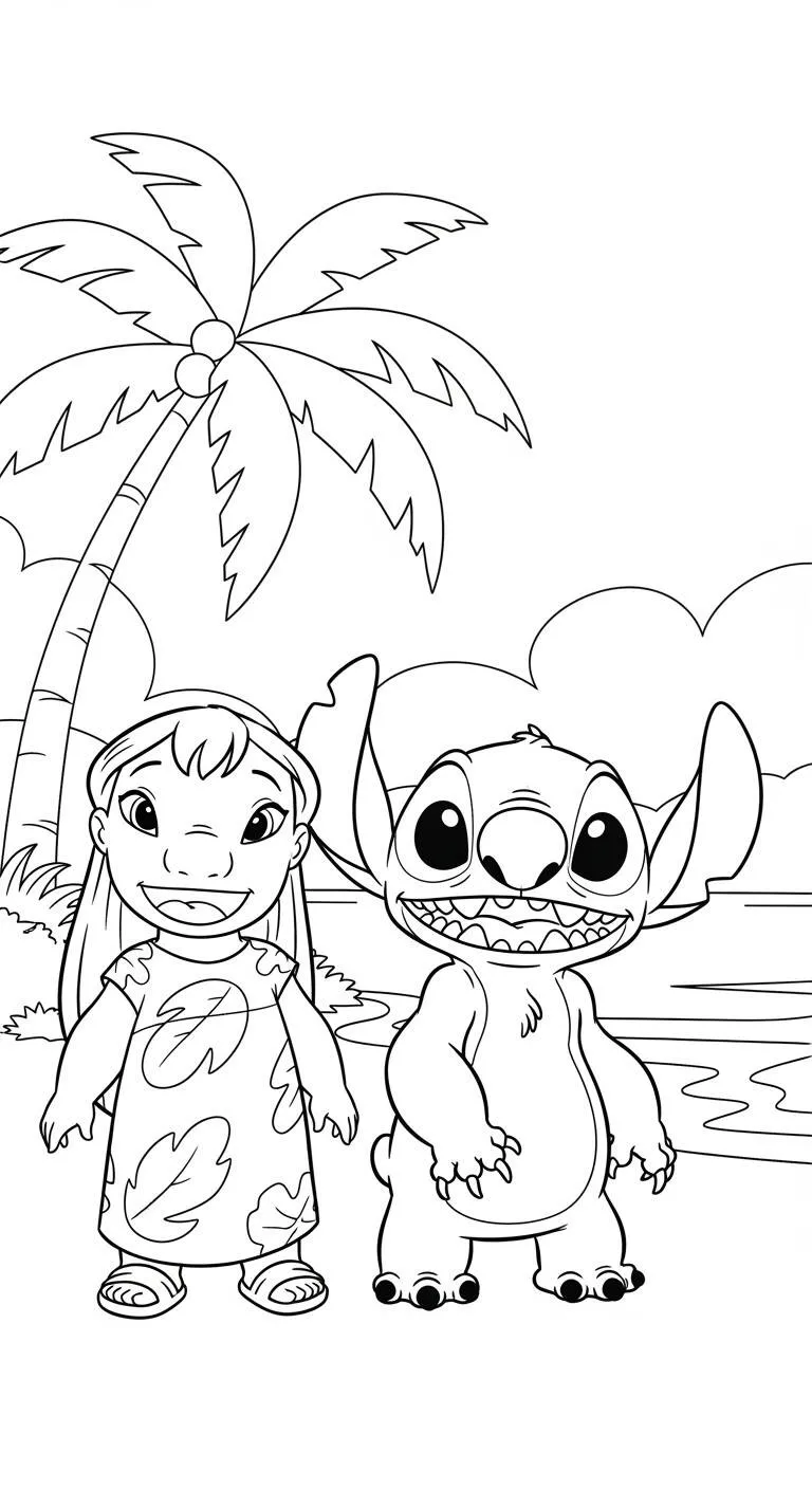 Desenho de Stitch e Lilo na Praia para Colorir