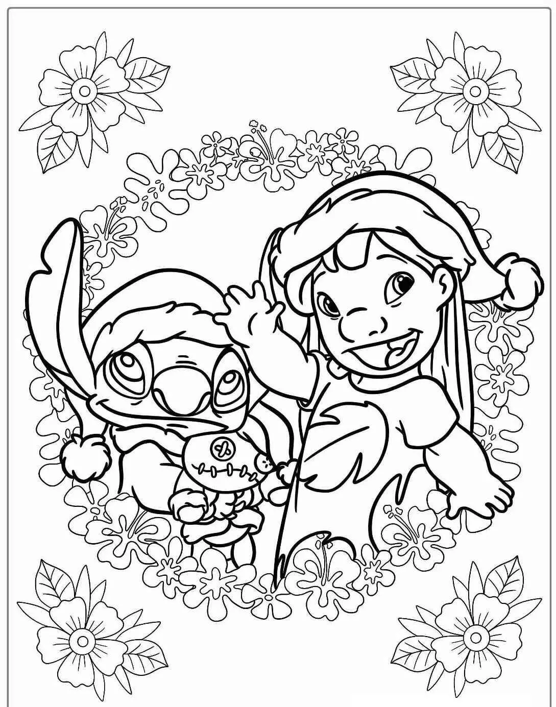Desenho de Stitch e Lilo com Flores para Colorir