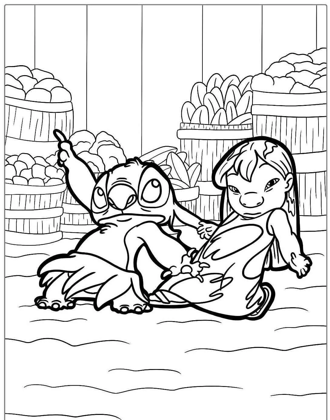 Desenho de Stitch e Lilo se Divertindo para Colorir