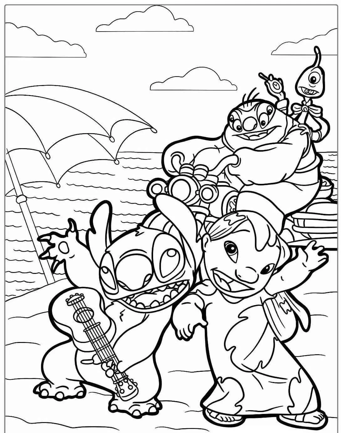 Desenho de Stitch e Lilo se Divertindo na Praia para Colorir