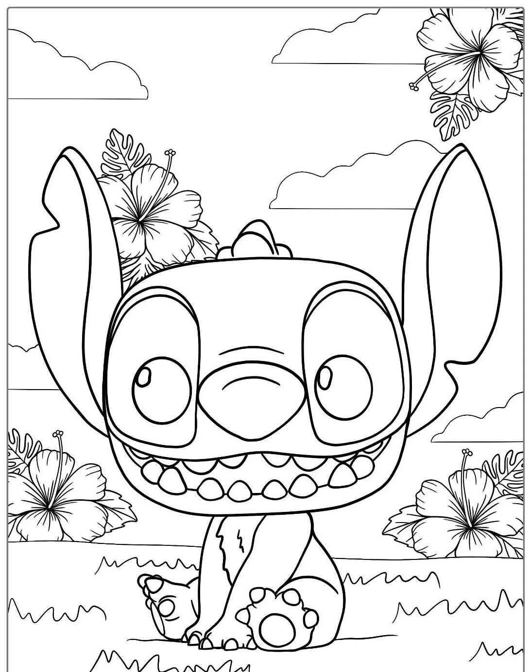 Desenho de Stitch Sorridente entre Flores para Colorir
