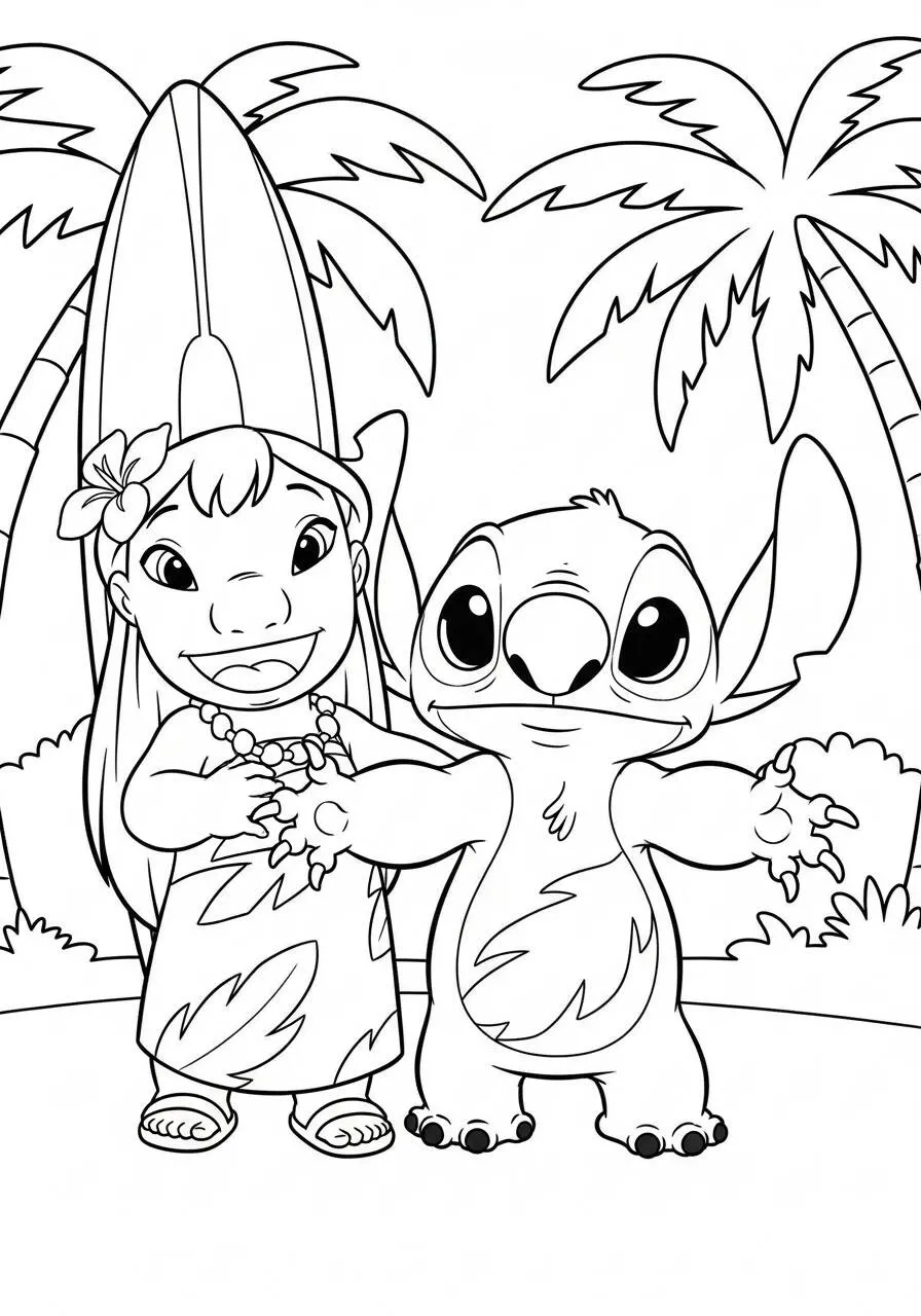 Desenho de Stitch e Lilo na Praia para Colorir