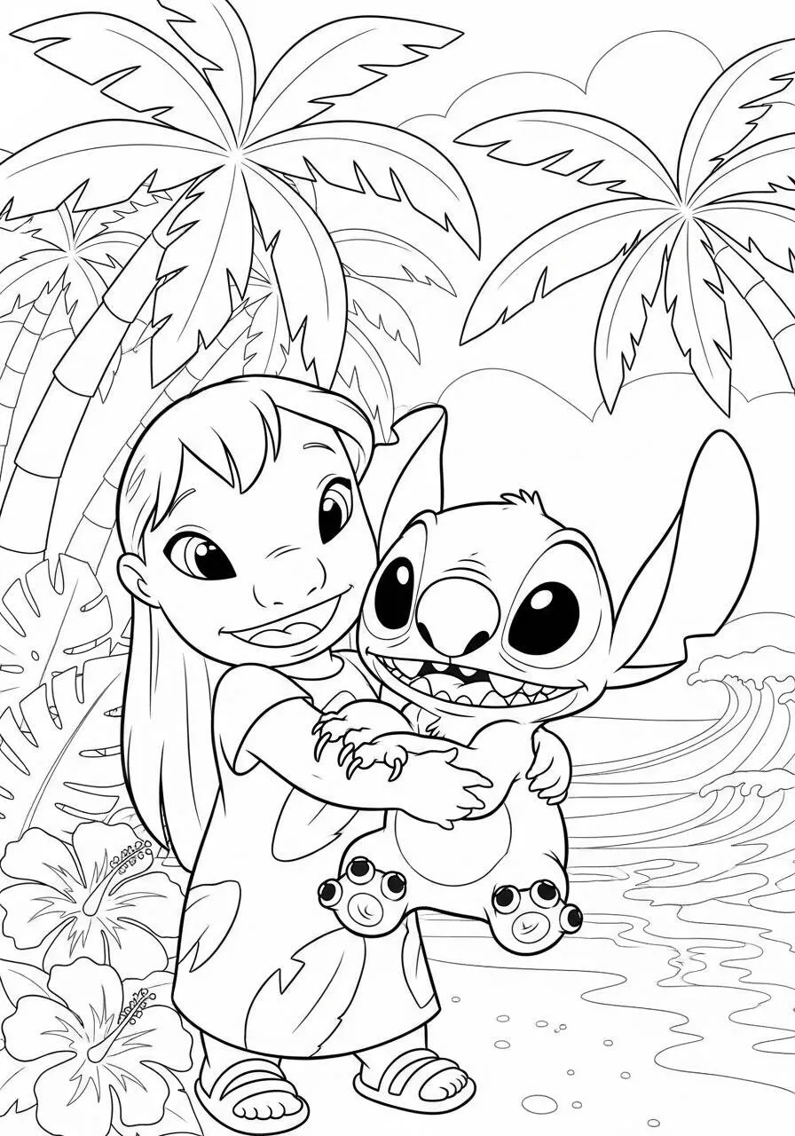 Desenho de Stitch e Lilo se Abraçando na Praia para Colorir