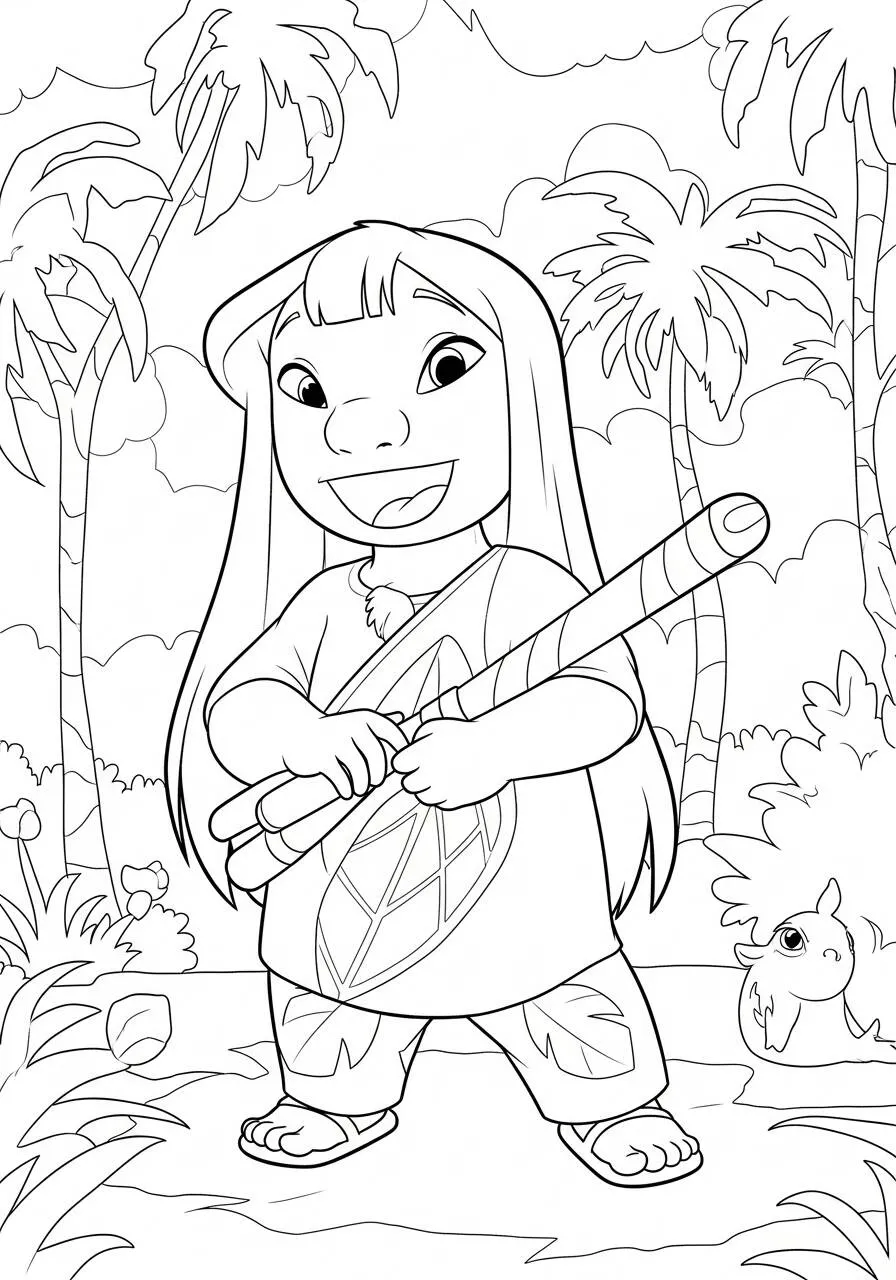 Desenho de Lilo com Bastão para Colorir
