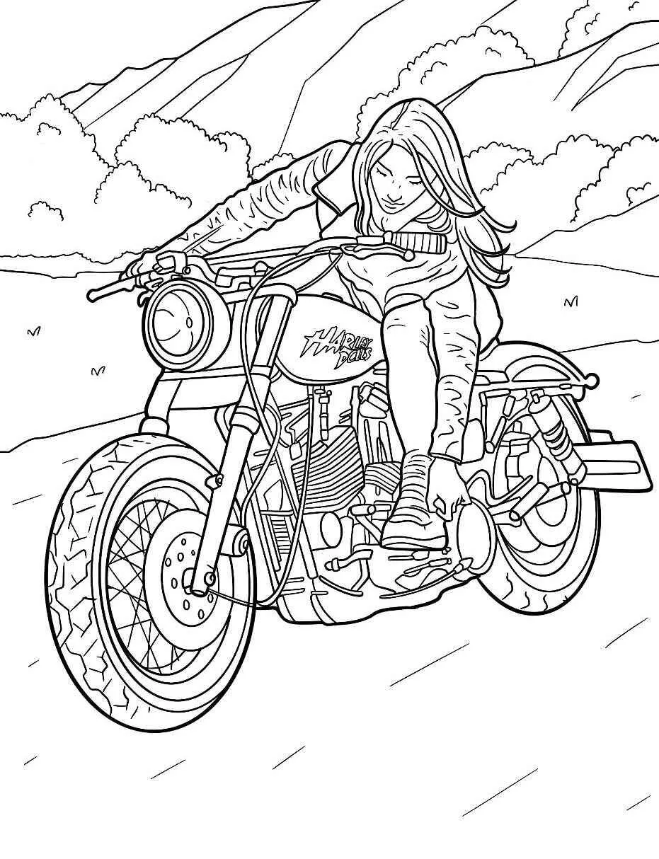 Dibujo para colorear de motocicleta personalizada con motociclista en acción