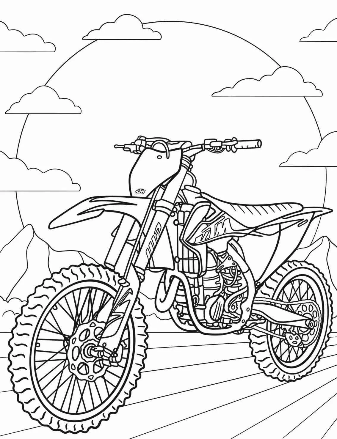Dibujo De Motocicleta Cruzada En Paisaje Montañoso Para Colorear