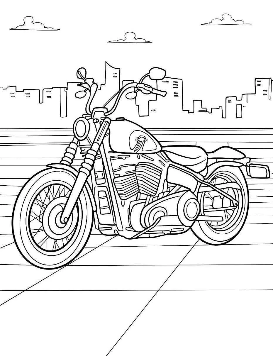 Dibujo para colorear de motocicleta personalizada en paisaje urbano