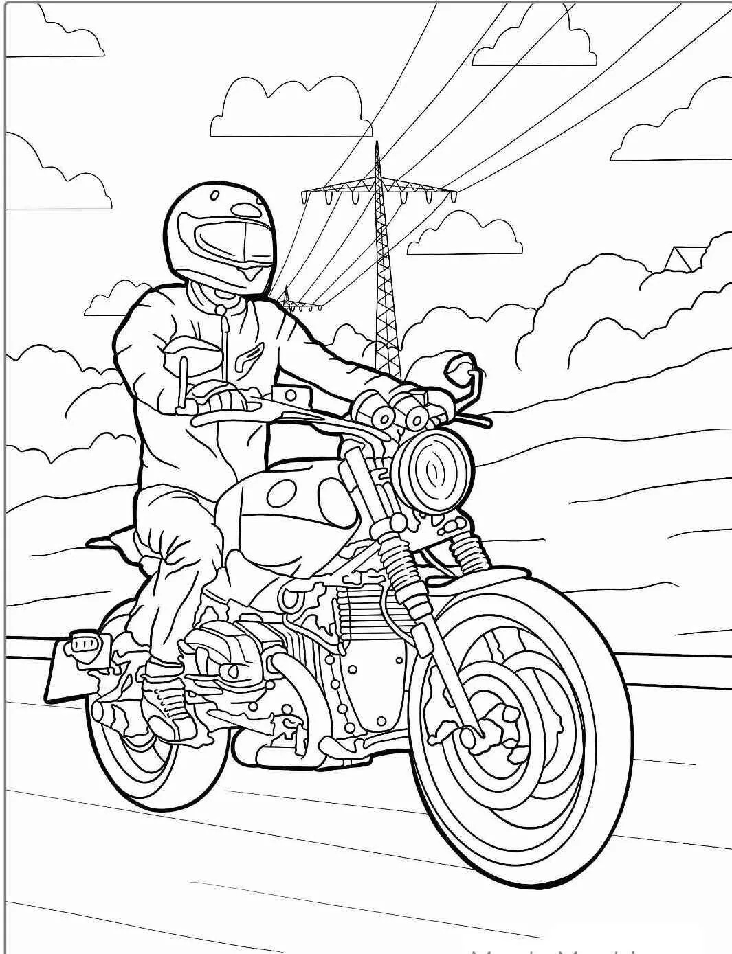 Dibujo para colorear de motocicleta personalizada con motociclista en la carretera