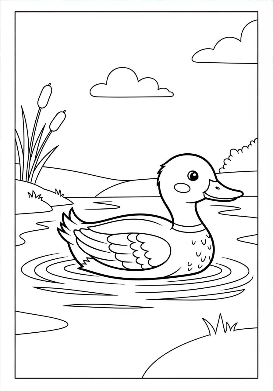 Ausmalbild: Ente schwimmt in einem ruhigen See