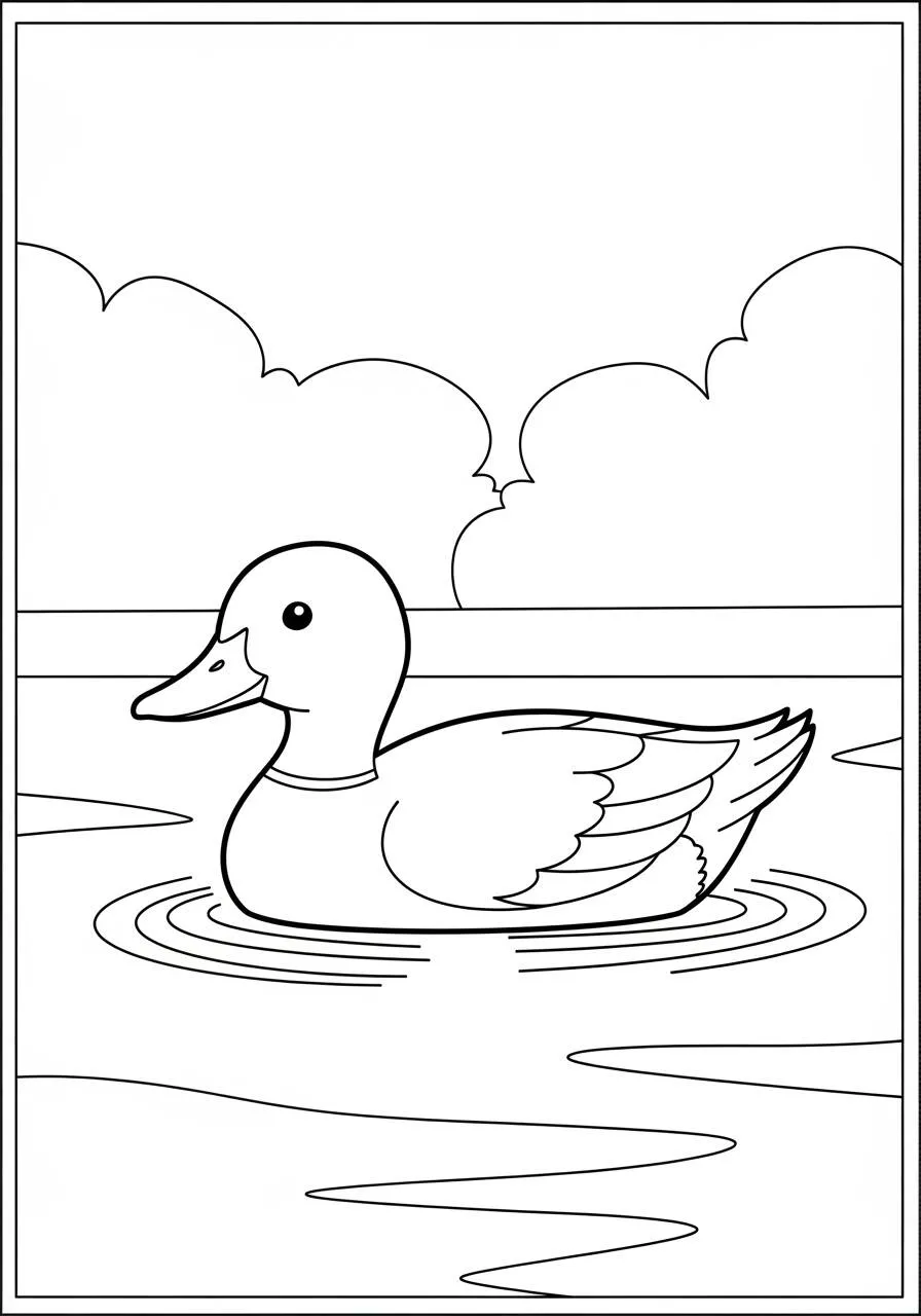Ausmalbild: Ente schwimmt in einem ruhigen See
