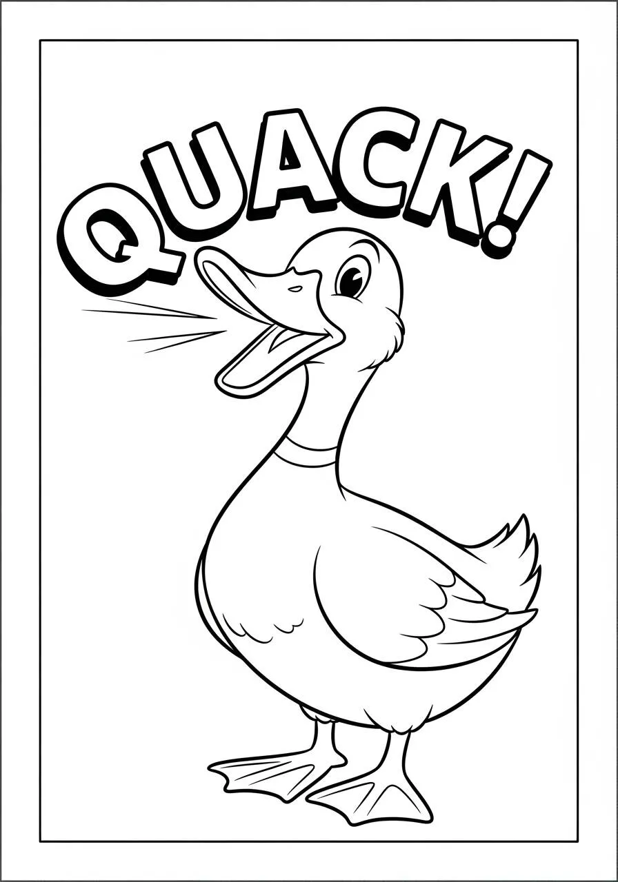 Fröhliche Ente mit dem Wort QUACK zum Ausmalen
