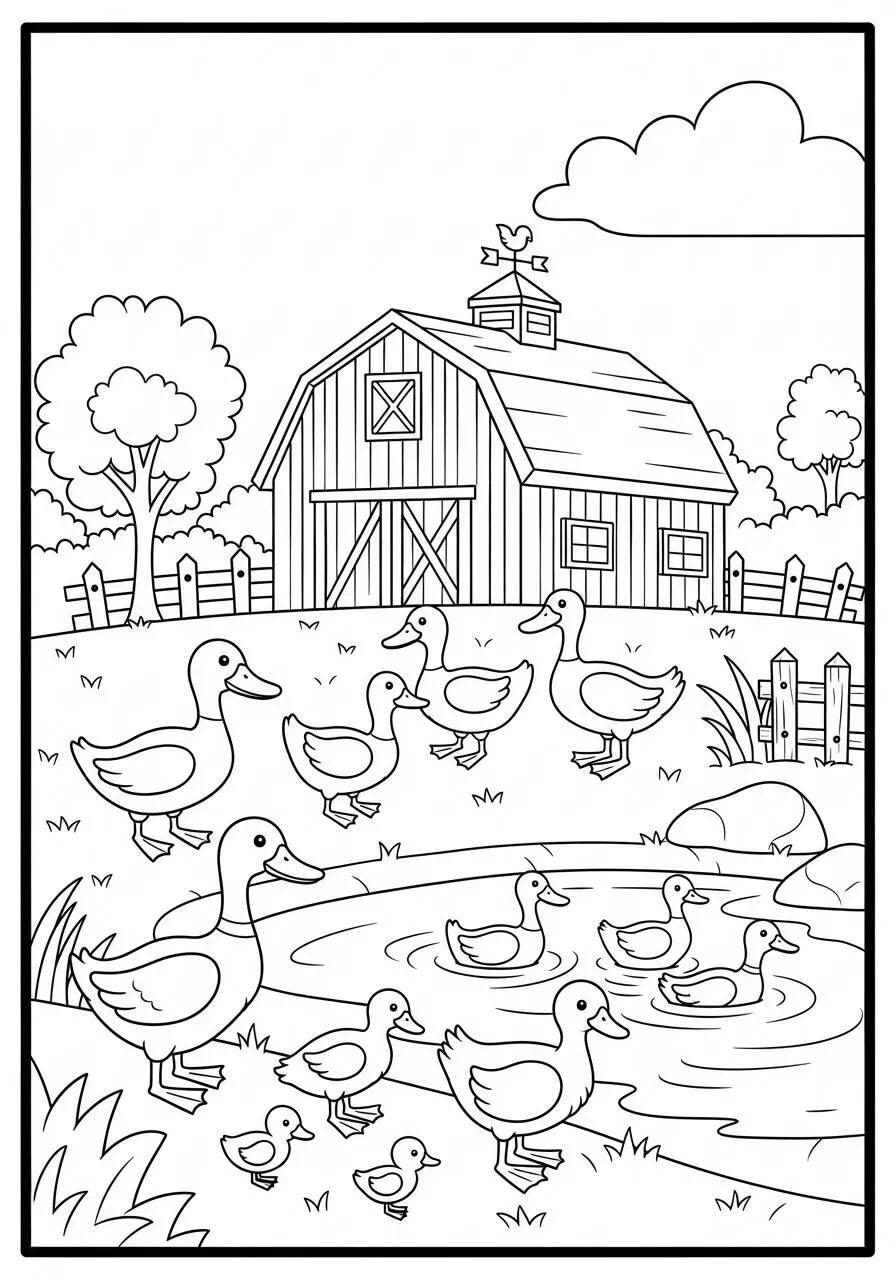 Ente auf dem Bauernhof mit Entenküken und Teich zum Ausmalen