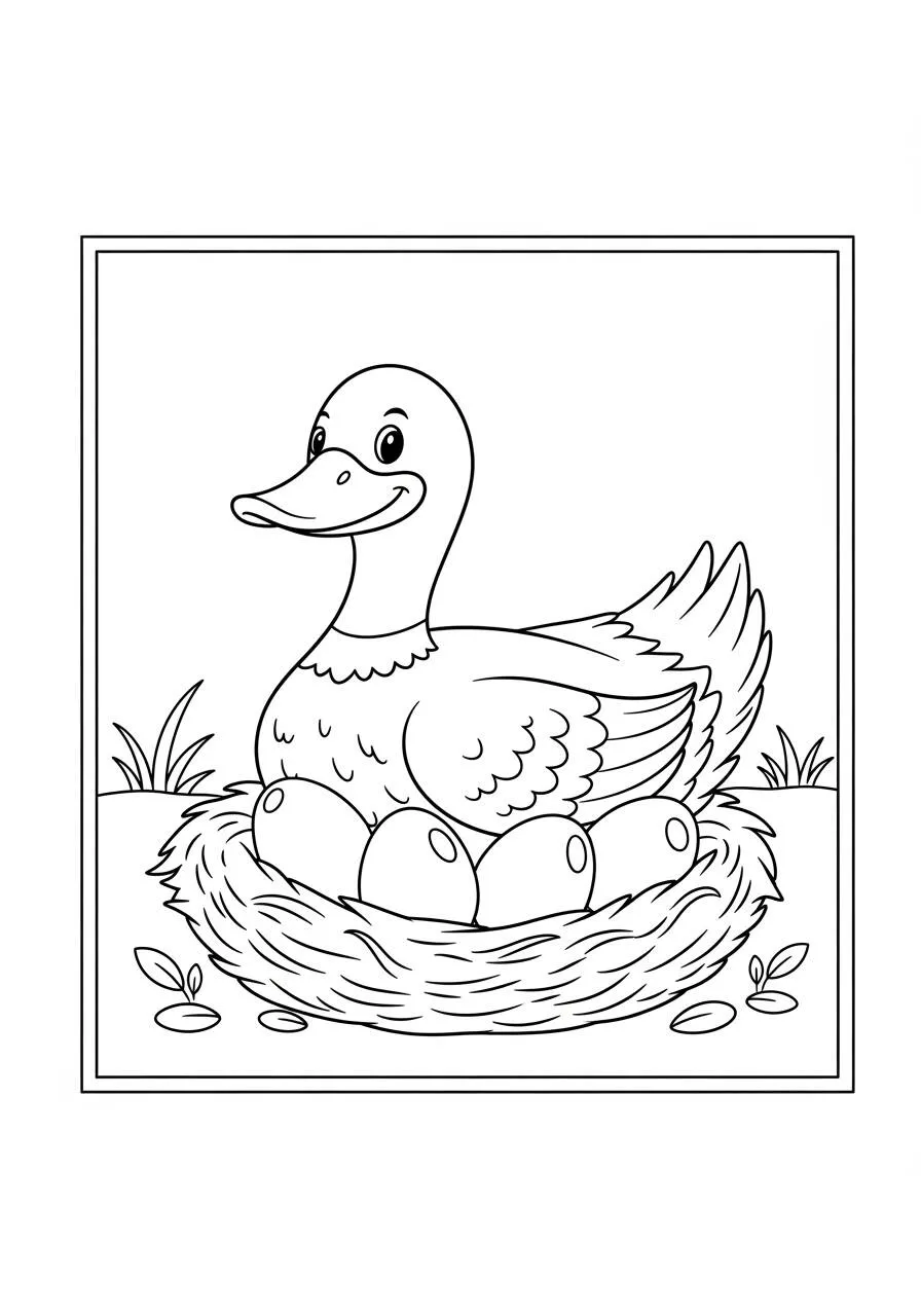 Ausmalbild: Ente kümmert sich um Eier